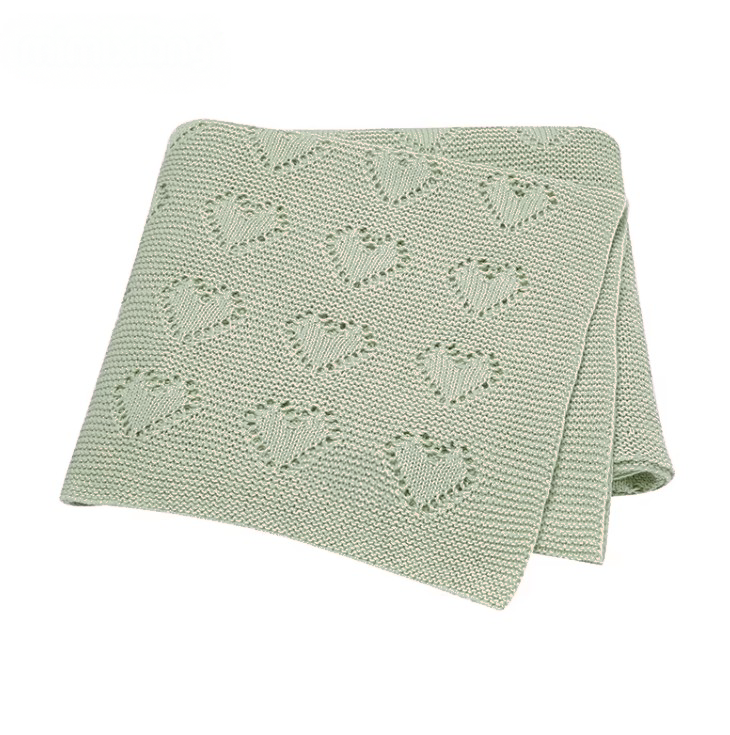 100 % Cotton Luxury Knitted Baby Blanket – Green Eyelet Hearts