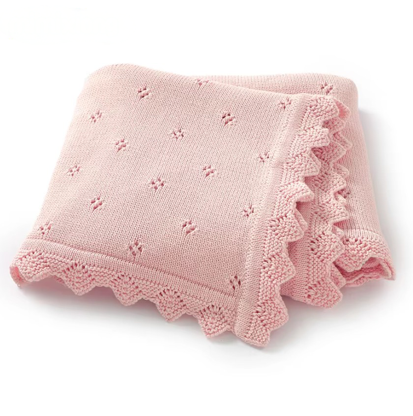 100 % Cotton Luxury Knitted Baby Blanket – White Eyelet Blossom