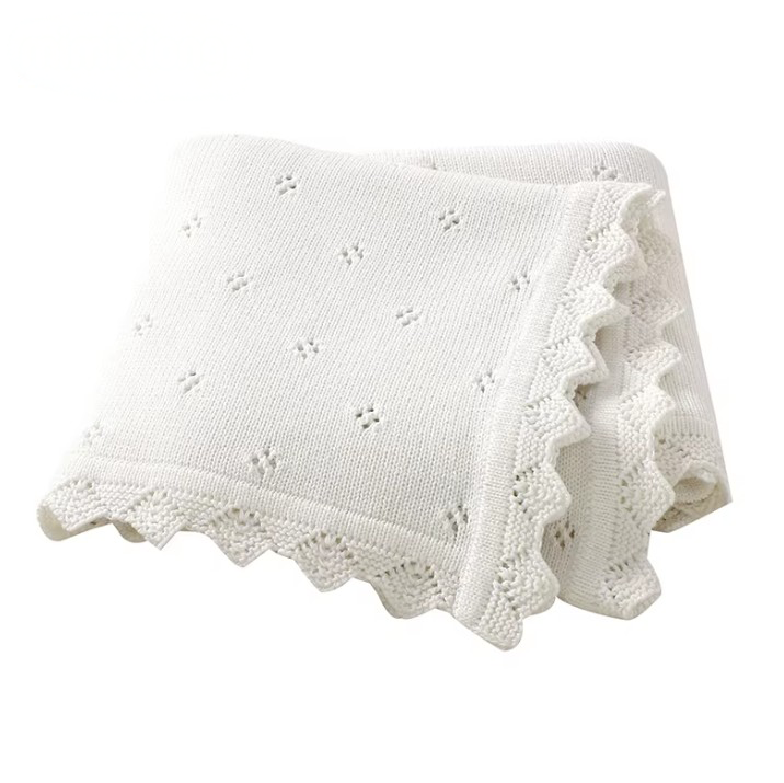 100 % Cotton Luxury Knitted Baby Blanket – White Eyelet Blossom