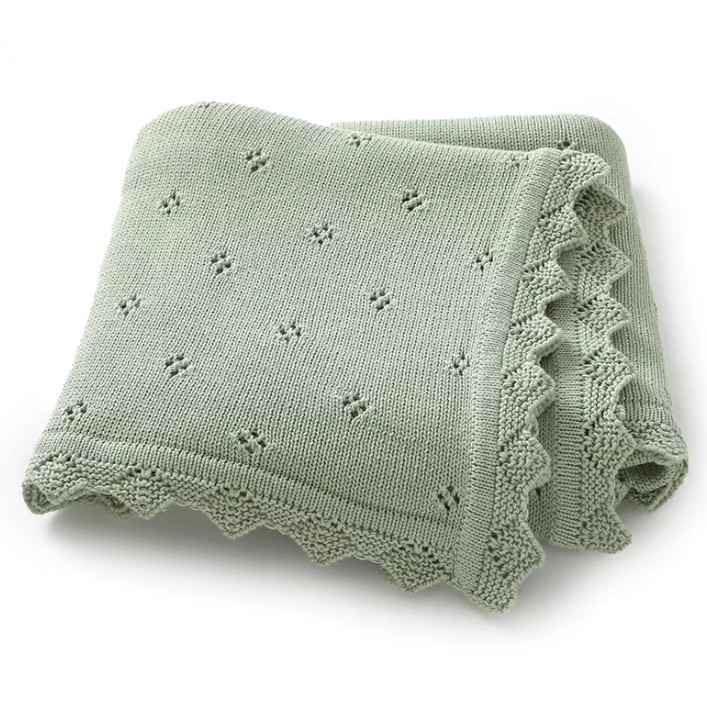 100 % Cotton Luxury Knitted Baby Blanket – White Eyelet Blossom
