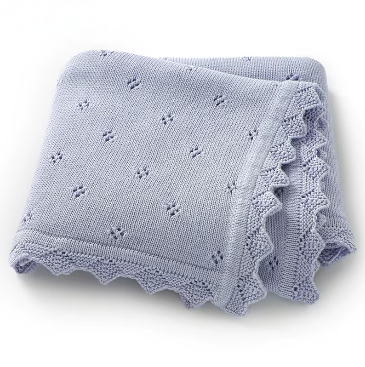 100 % Cotton Luxury Knitted Baby Blanket – White Eyelet Blossom
