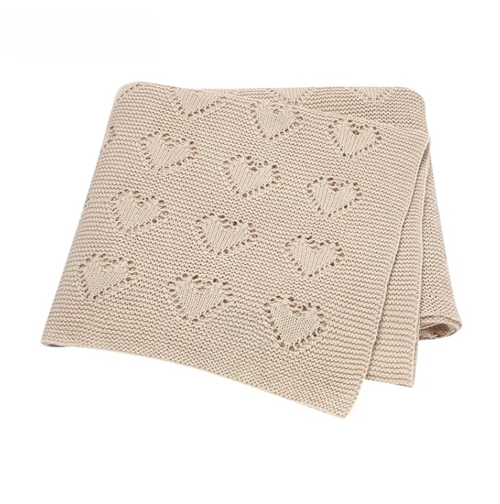 100 % Cotton Luxury Knitted Baby Blanket – Cream Eyelet Hearts