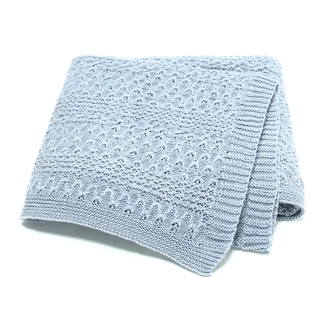 100 % Cotton Luxury Knitted Baby Blanket – Blue Petal Lace