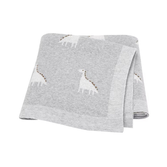 100 % Cotton Luxury Stockinette Baby Blanket – Grey Dino Parade