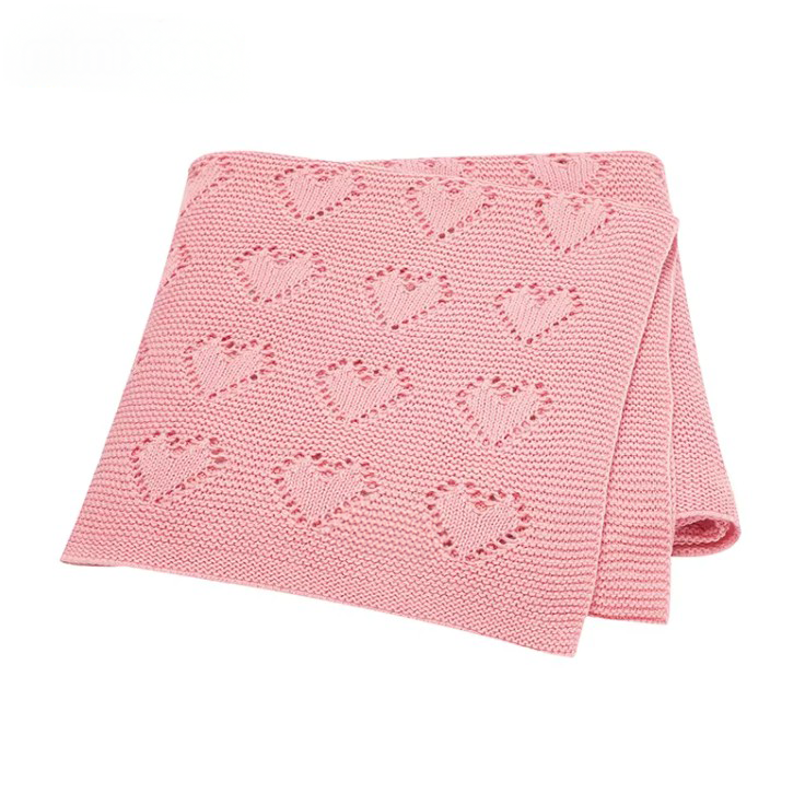 100 % Cotton Luxury Knitted Baby Blanket – Cream Eyelet Hearts