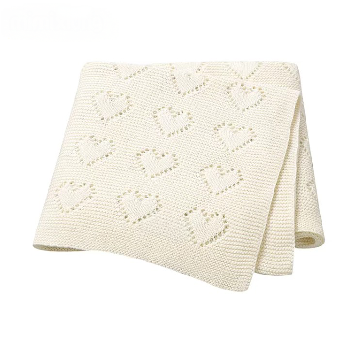 100 % Cotton Luxury Knitted Baby Blanket – Cream Eyelet Hearts