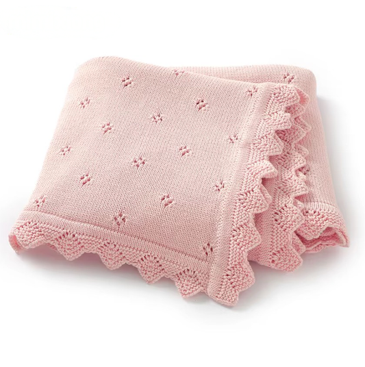 100 % Cotton Luxury Knitted Baby Blanket – Pink Eyelet Blossom
